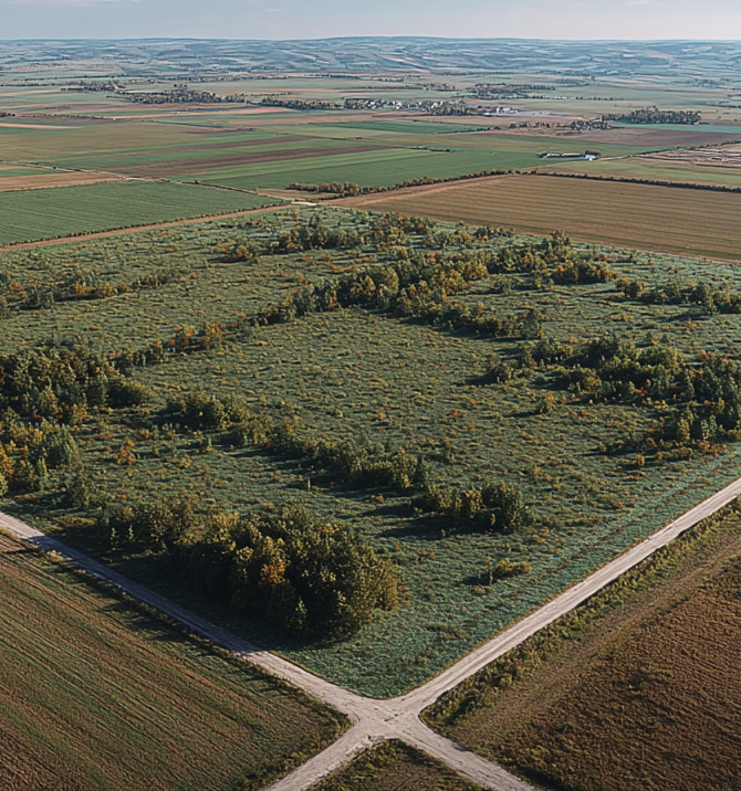 Aerial view of farmland and development lots, representing land acquisition and commercial real estate loan opportunities.
