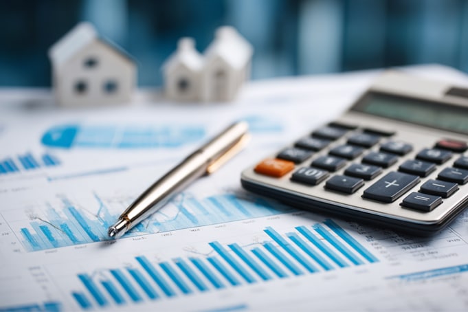 Calculator and financial charts representing commercial loan analysis, real estate investment, and business financing planning