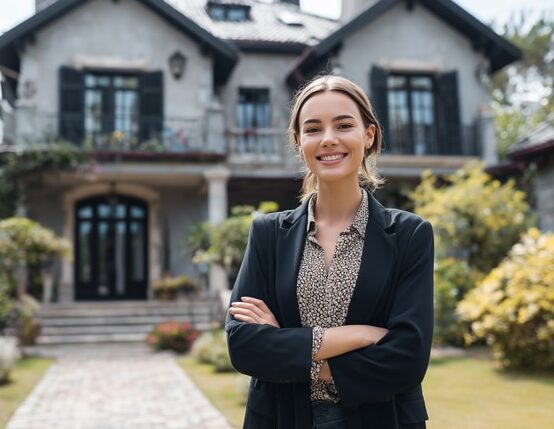 Real estate professional standing in front of a commercial property, representing expert loan and financing services