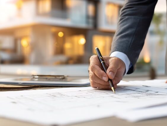 Business professional signing real estate or loan documents with a modern house in the background