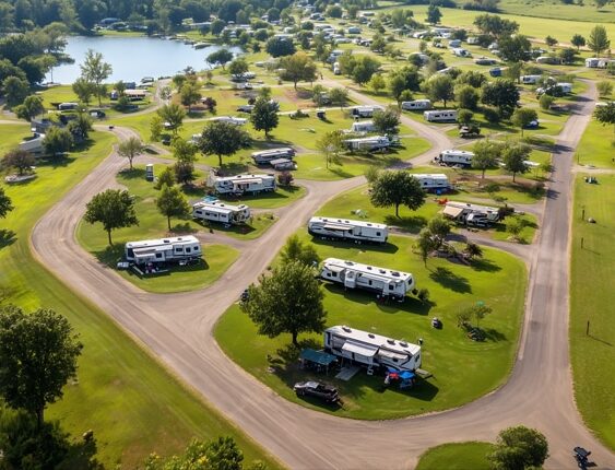 Aerial view of an RV park and campground, representing commercial property financing and real estate development loans